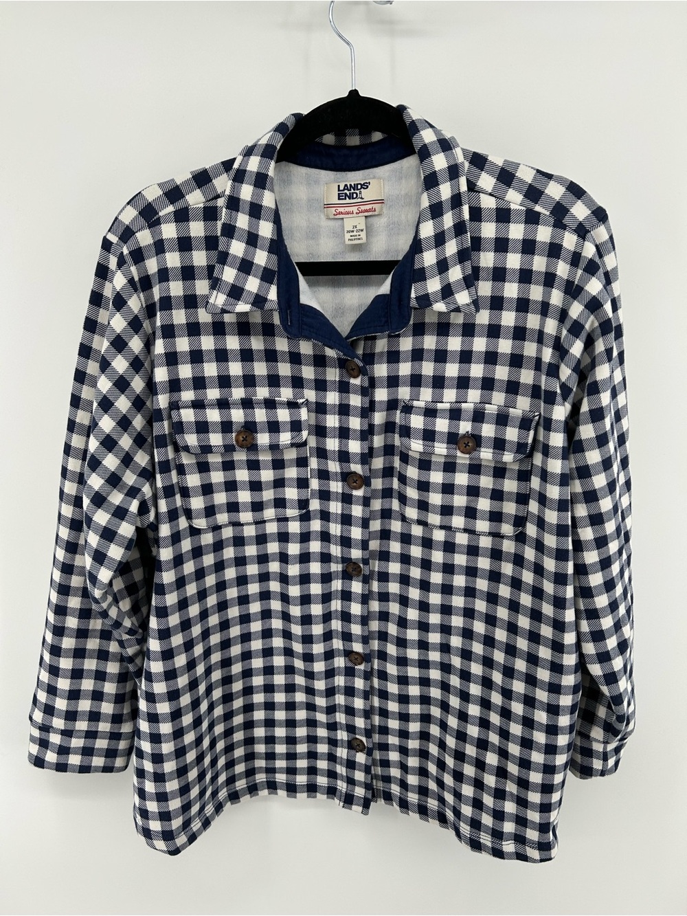 Lands' End Navy and White Gingham Shirt Jacket Shacket Serious Sweats